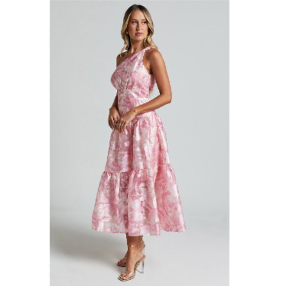 NWT Showpo. Lettie Midi Dress One Shoulder Tiered Blurred Rose Women's 10 Medium - Picture 3 of 15